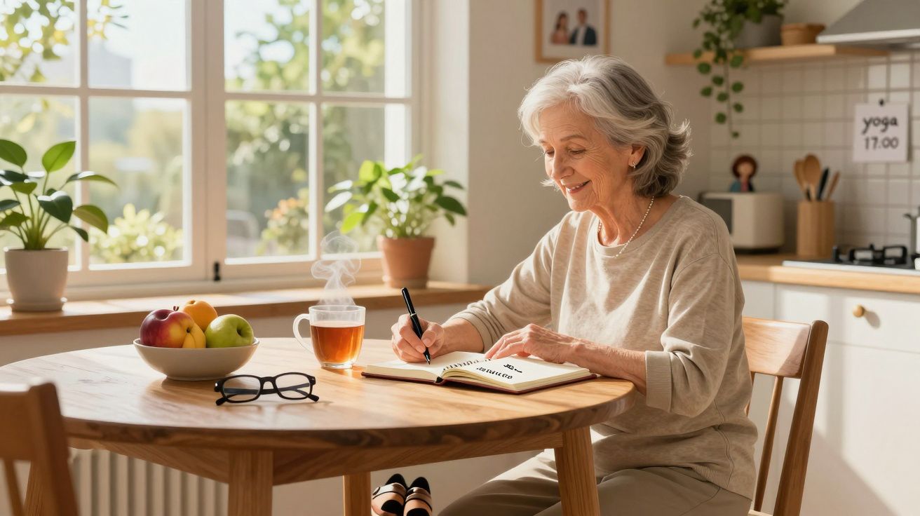 Mulher idosa sentada numa mesa de cozinha, a escrever num diário com chá e fruta ao lado, num ambiente iluminado.