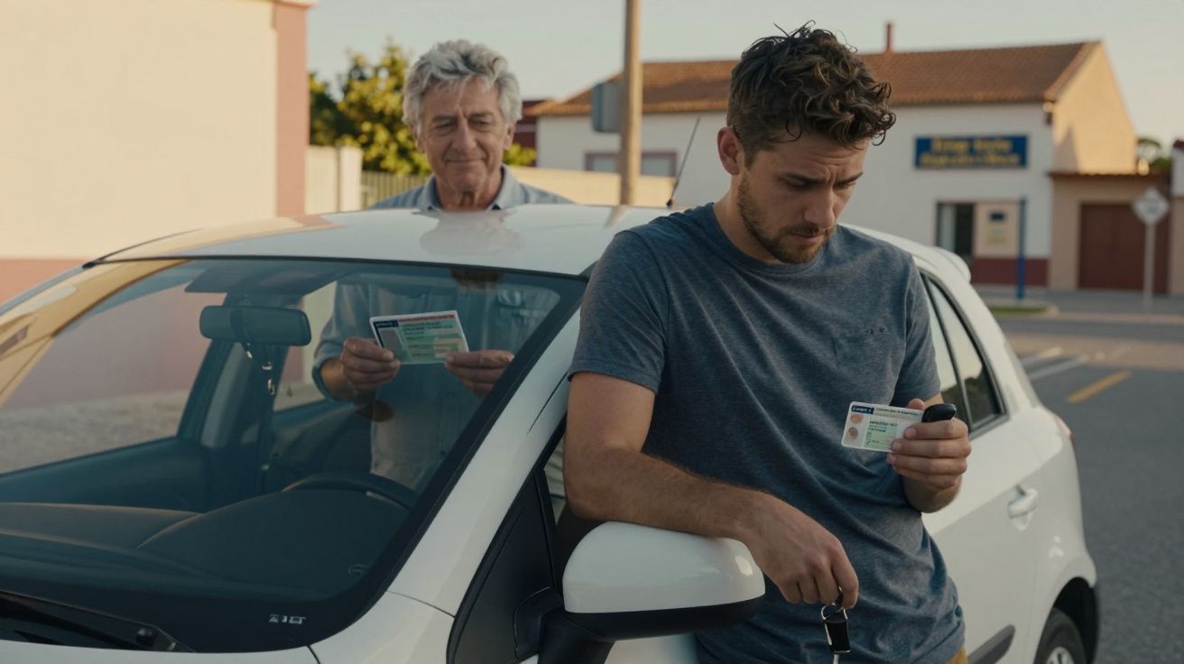 Dois homens, um jovem e um idoso, seguram cartas de condução junto a um carro branco parado numa rua.