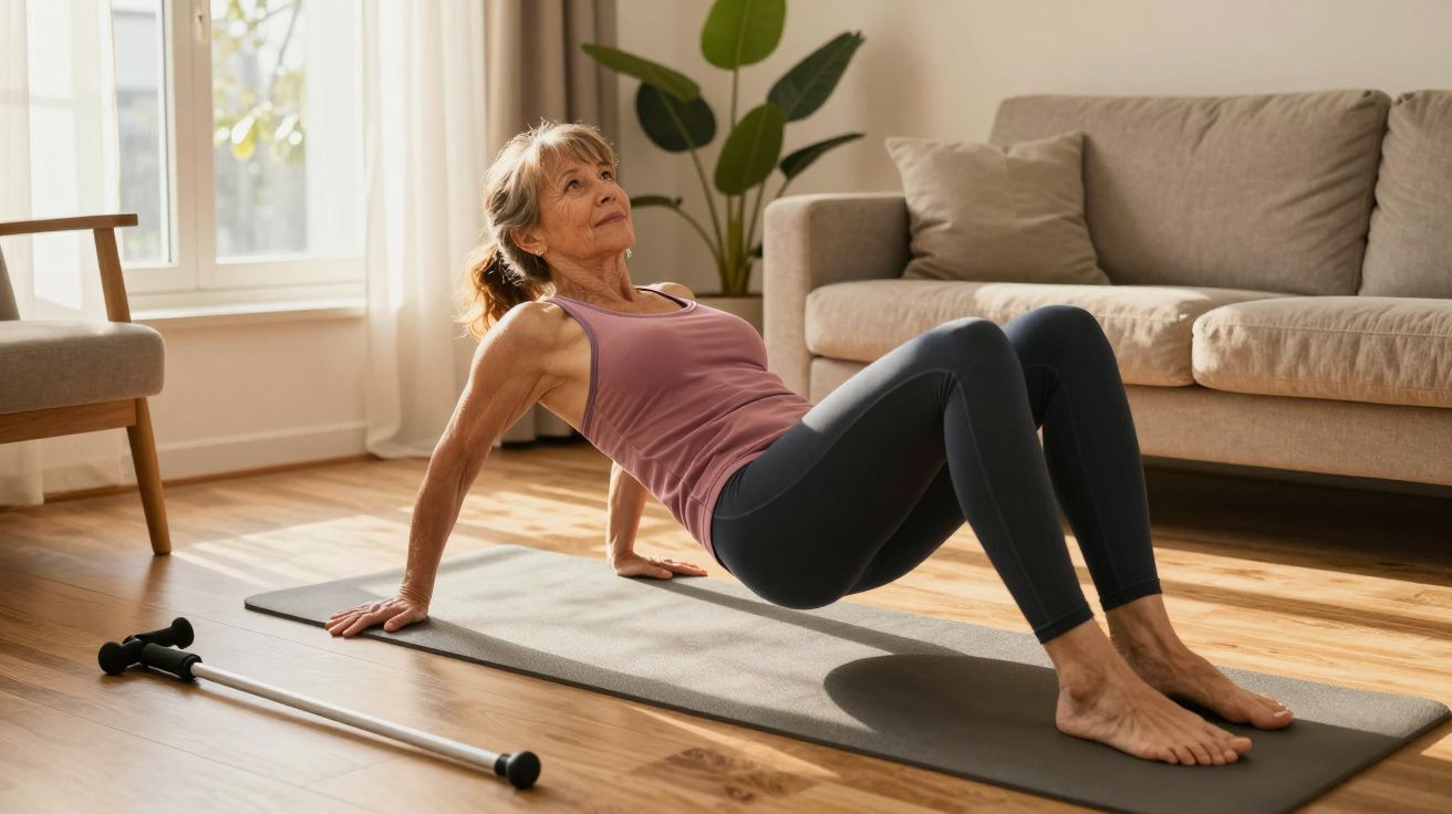Mulher sénior a fazer exercício de fortalecimento do corpo num tapete em sala de estar iluminada.