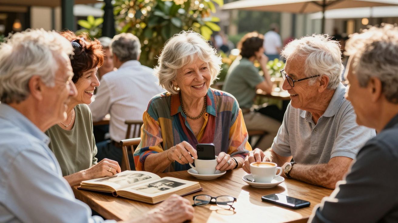 Grupo de idosos felizes a conversar e a beber café numa esplanada ensolarada.