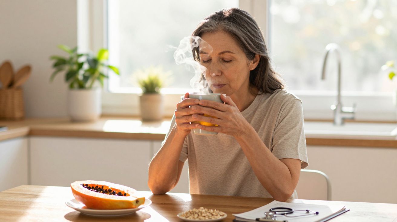 Mulher em cozinha moderna a beber bebida quente com papaya na mesa luminosa ao lado.