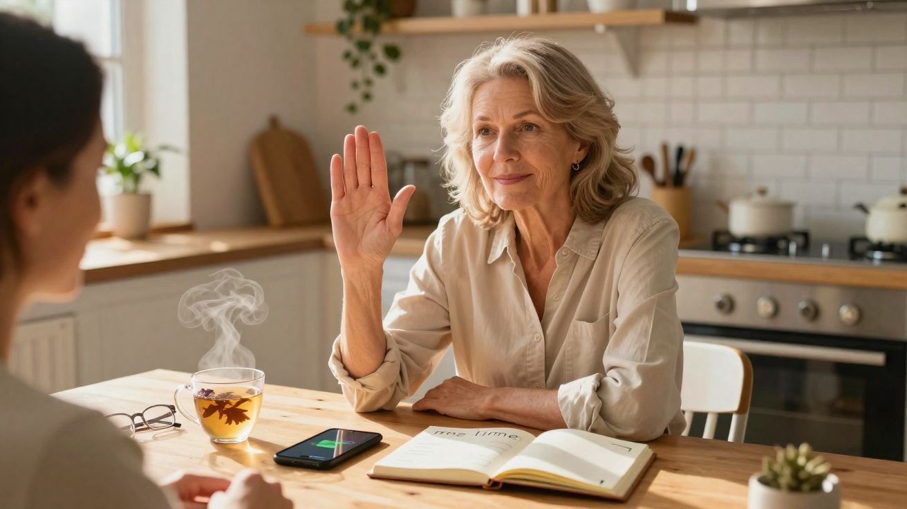 Mulher sénior a cumprimentar outra pessoa à mesa com chá, telefone, e caderno num ambiente de cozinha luminosa.