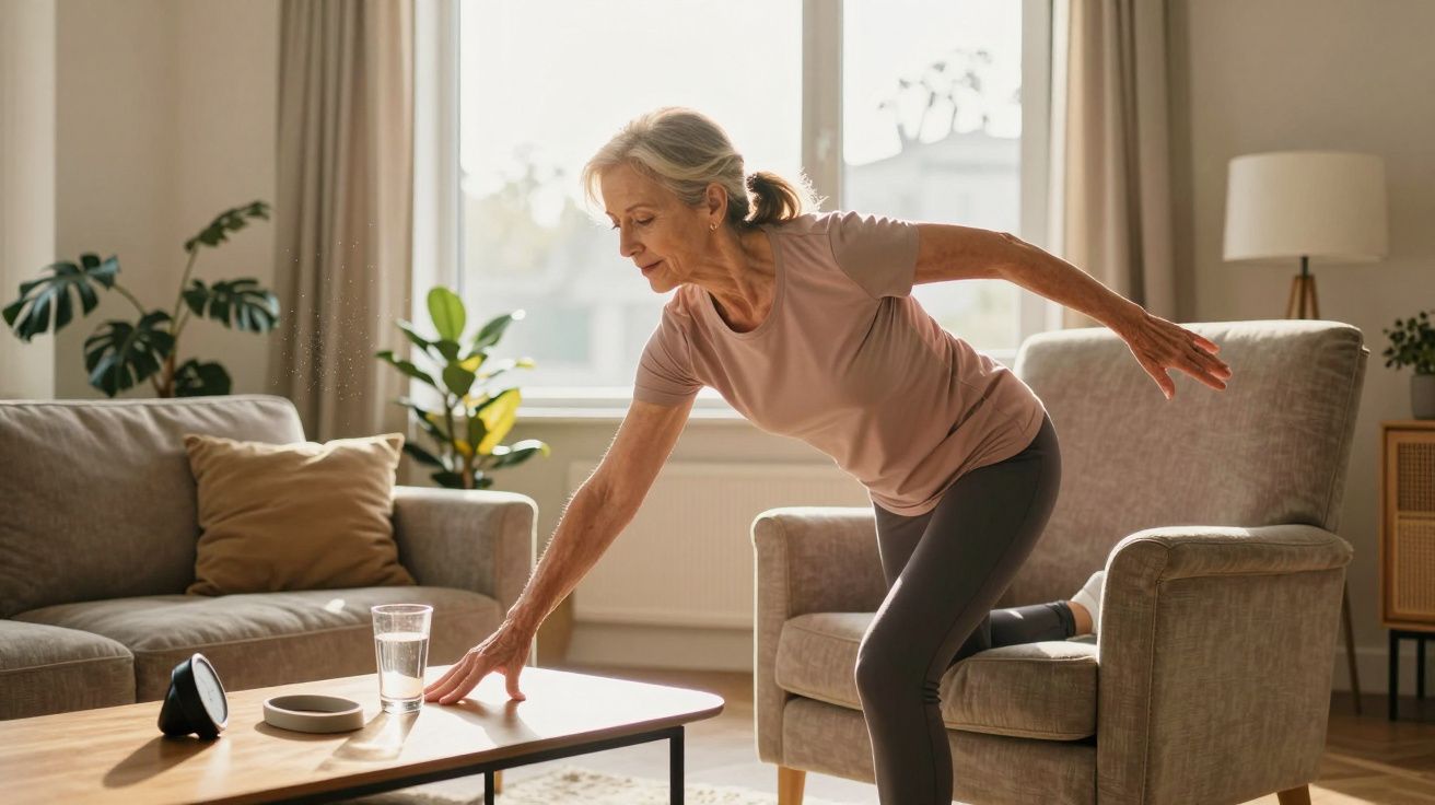 Mulher idosa em roupa desportiva a praticar exercício apoiada numa mesa de sala iluminada.