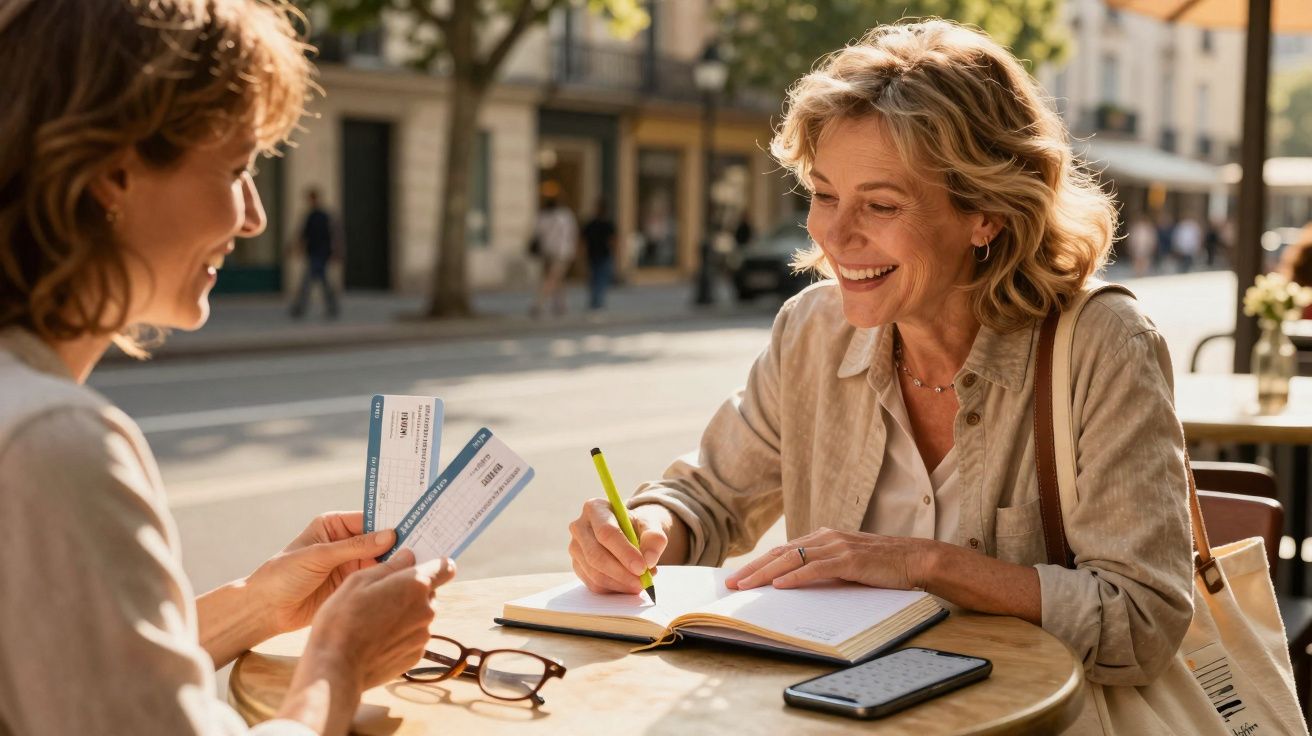Duas mulheres sentadas numa esplanada, uma com bilhetes e outra a escrever num caderno, ambas sorridentes.