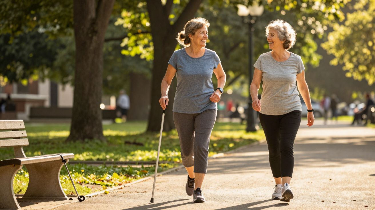 Duas mulheres séniores a caminhar e sorrir num parque com luz solar e árvores ao fundo.
