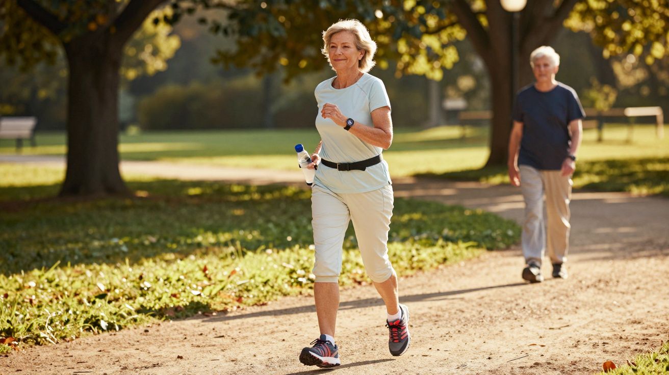 Mulher sénior a correr com garrafa de água em parque, homem idoso a caminhar ao fundo.