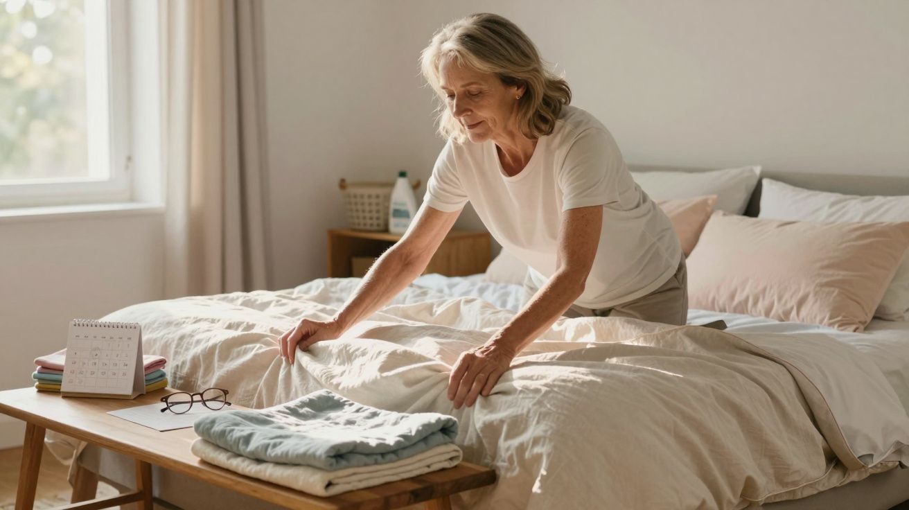 Mulher idosa a arrumar a cama num quarto iluminado com roupa de cama bege e almofadas claras.