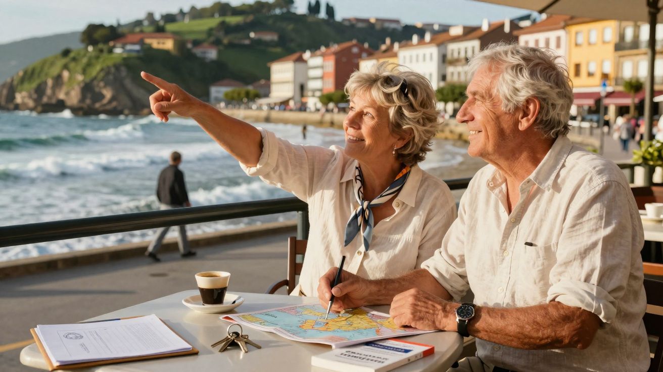 Casal sénior a planear viagem com mapa numa esplanada junto ao mar numa tarde soalheira.