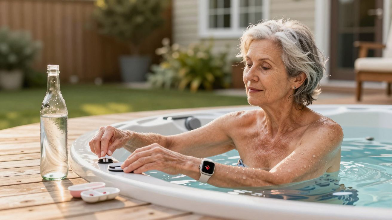 Mulher sénior relaxa numa piscina exterior a controlar o jacto de água, com garrafa de água e auscultadores à sua frente.