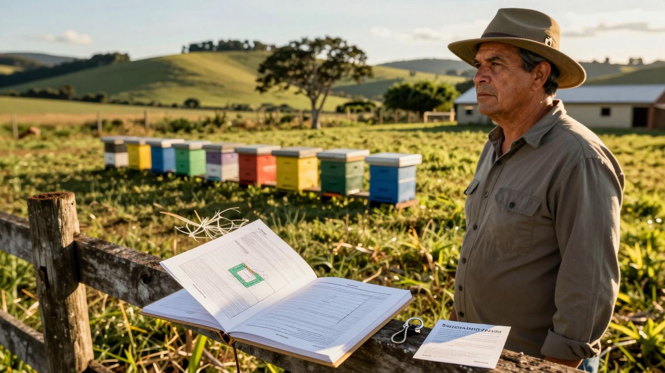 Homem com chapéu observa colmeias coloridas em campo agrícola ao entardecer, com caderno aberto sobre cerca.