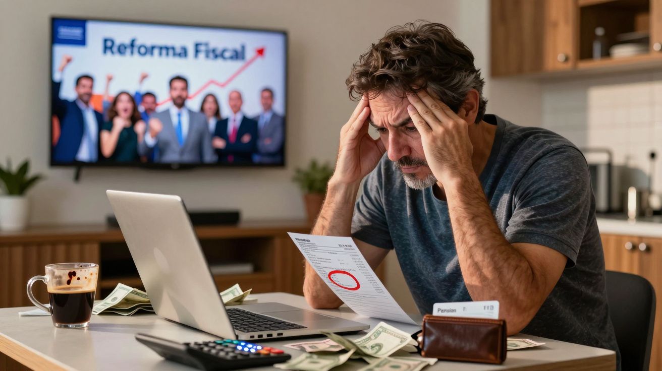 Homem preocupado a analisar contas numa mesa com laptop, dinheiro e TV com gráfico de Reforma Fiscal.