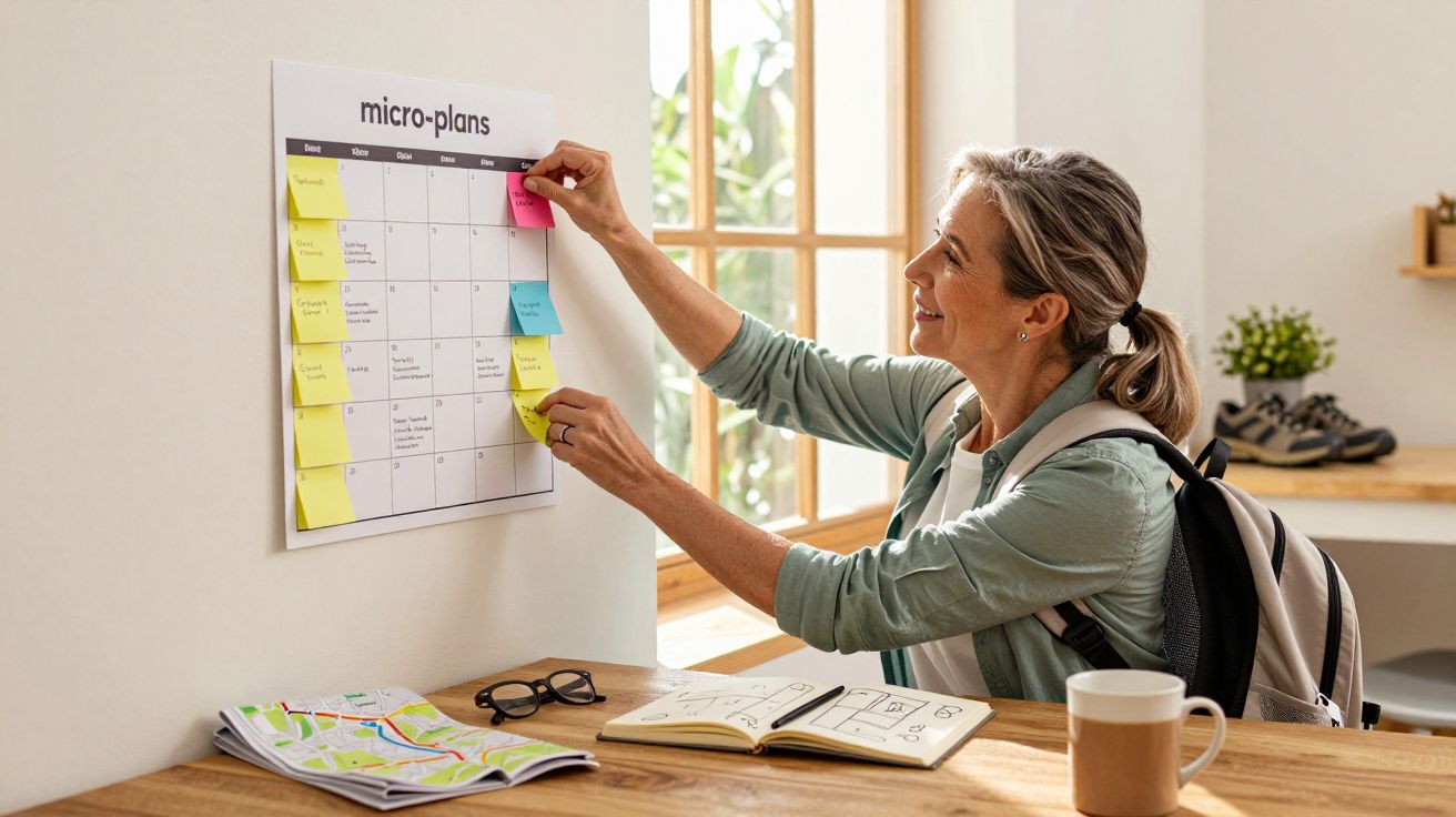 Mulher a usar um calendário de planos semanais colado na parede, organizando post-its coloridos.