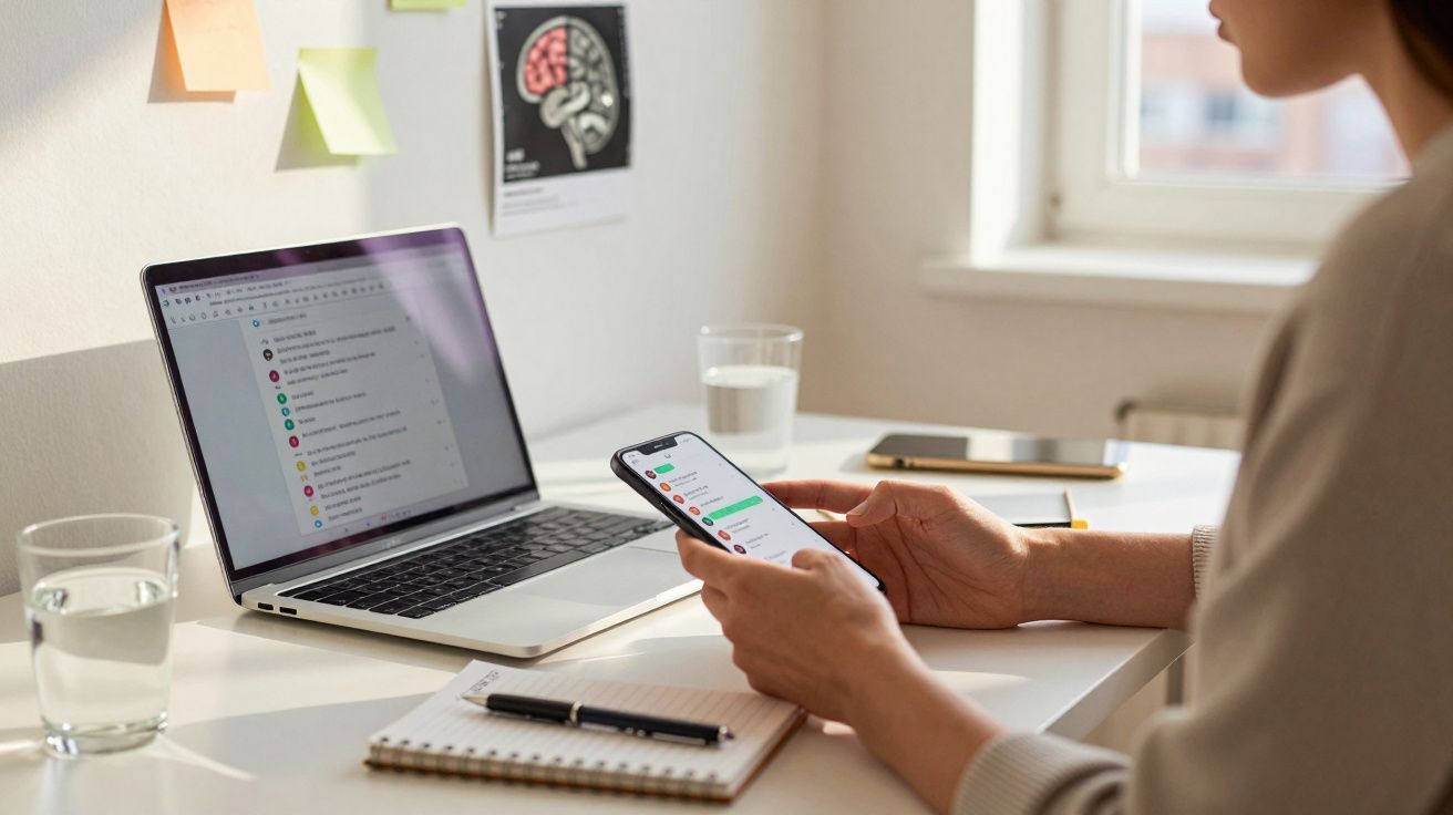 Pessoa a usar telemóvel com chats abertos, ao lado de computador portátil, bloco de notas e copos de água numa secretária.