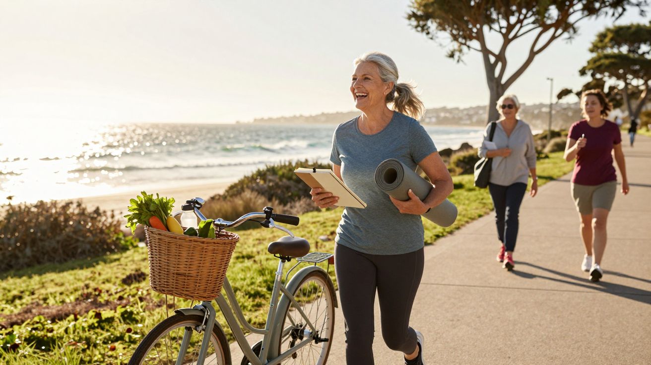 Mulher sénior sorridente a caminhar junto à praia com bicicleta e tapete de yoga ao entardecer.
