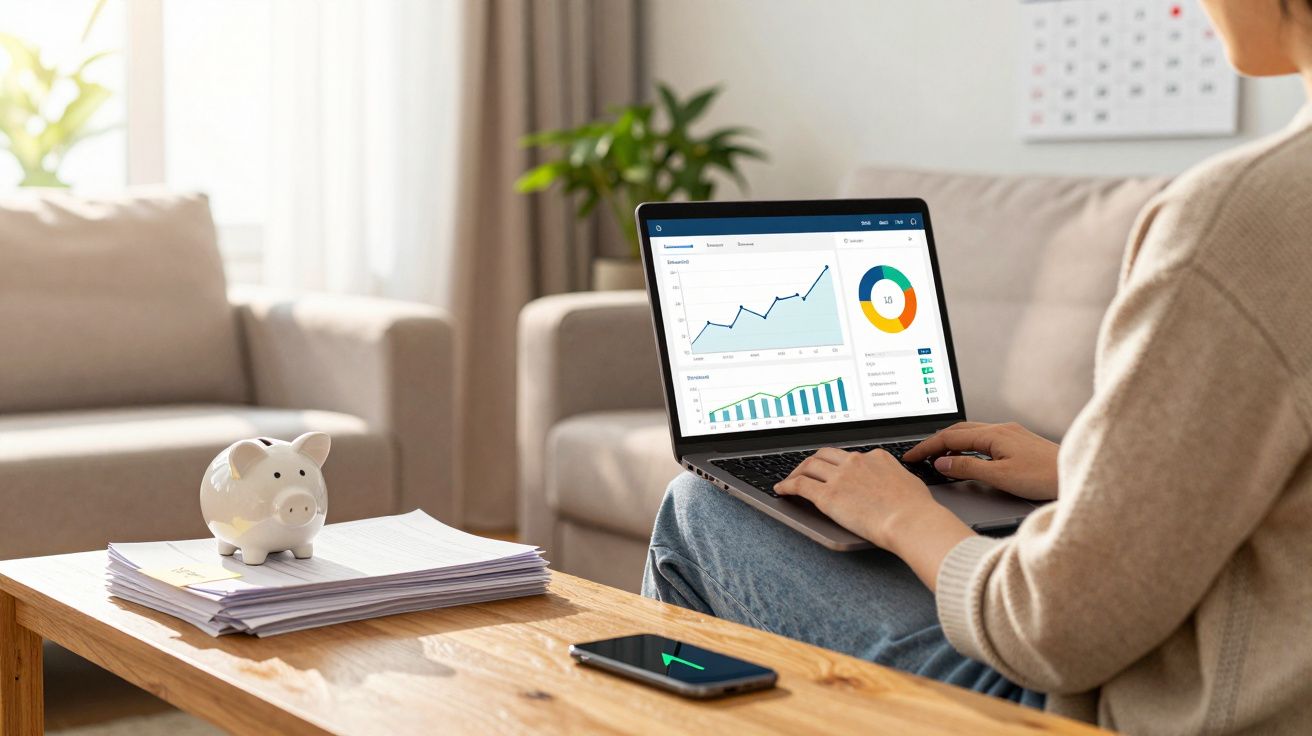 Pessoa a analisar gráficos financeiros num computador portátil sentado numa sala com sofá, cofrinho e telemóvel na mesa.