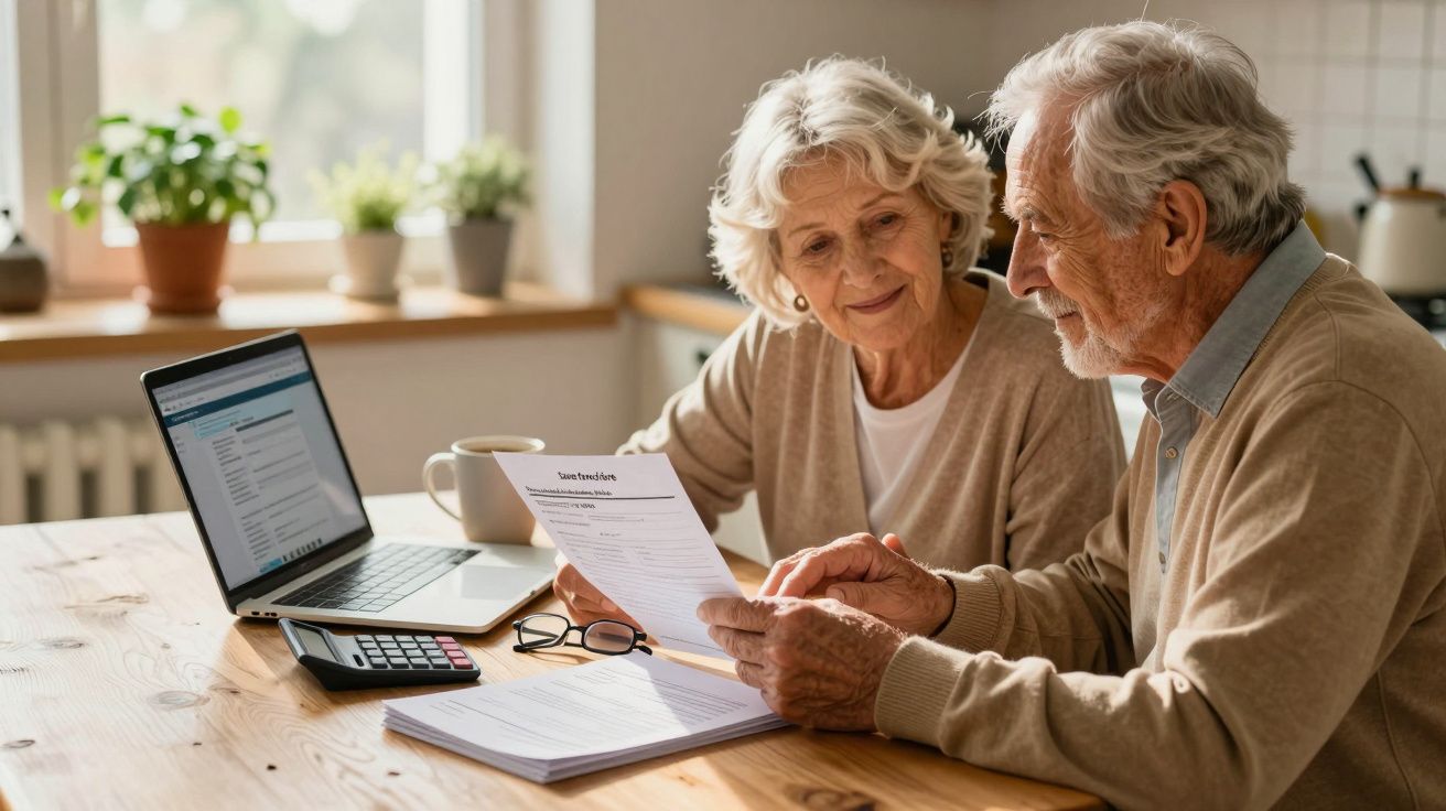 Casal sénior sentado à mesa a analisar documentos com computador portátil e calculadora.