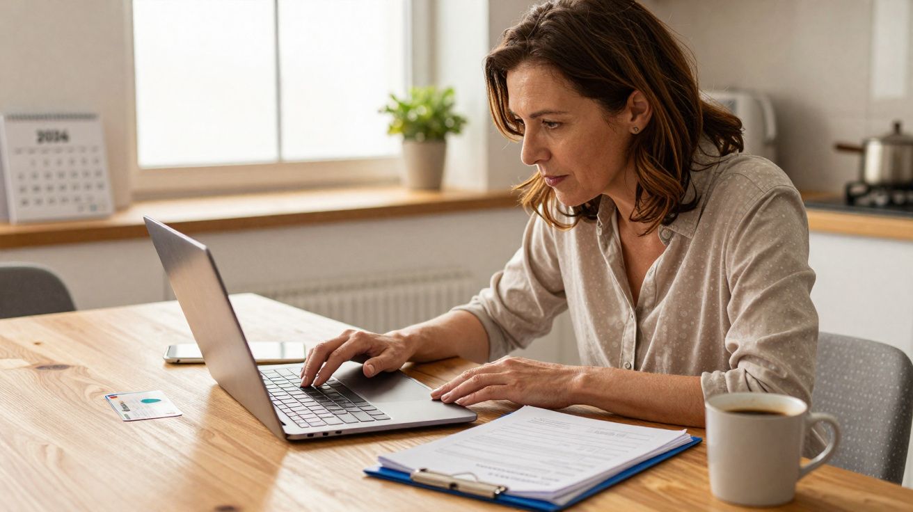 Mulher concentrada a trabalhar num computador portátil numa mesa com documentos e chávena de café.