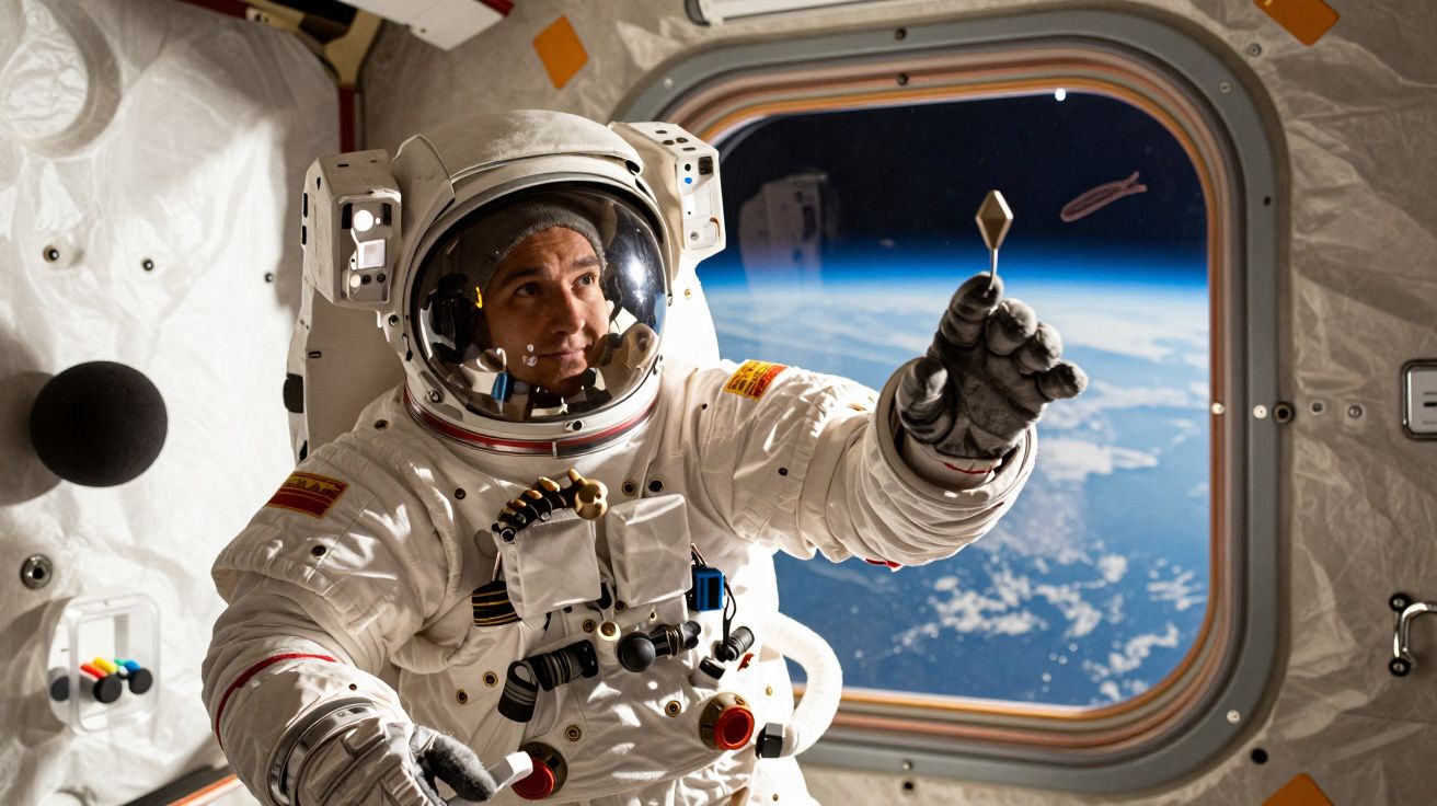 Astronauta em fato espacial dentro de módulo com janela mostrando a Terra no espaço.