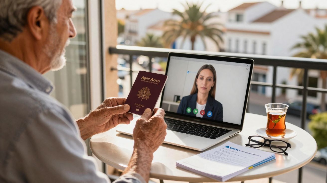 Homem idoso numa videochamada com uma mulher enquanto segura um passaporte numa mesa com documentos e chá.