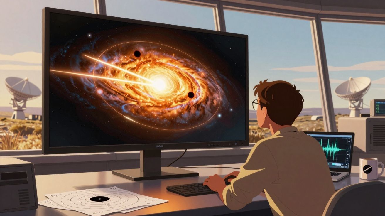 Pessoa a analisar uma galáxia luminosa no ecrã de um computador numa sala com antenas parabólicas.