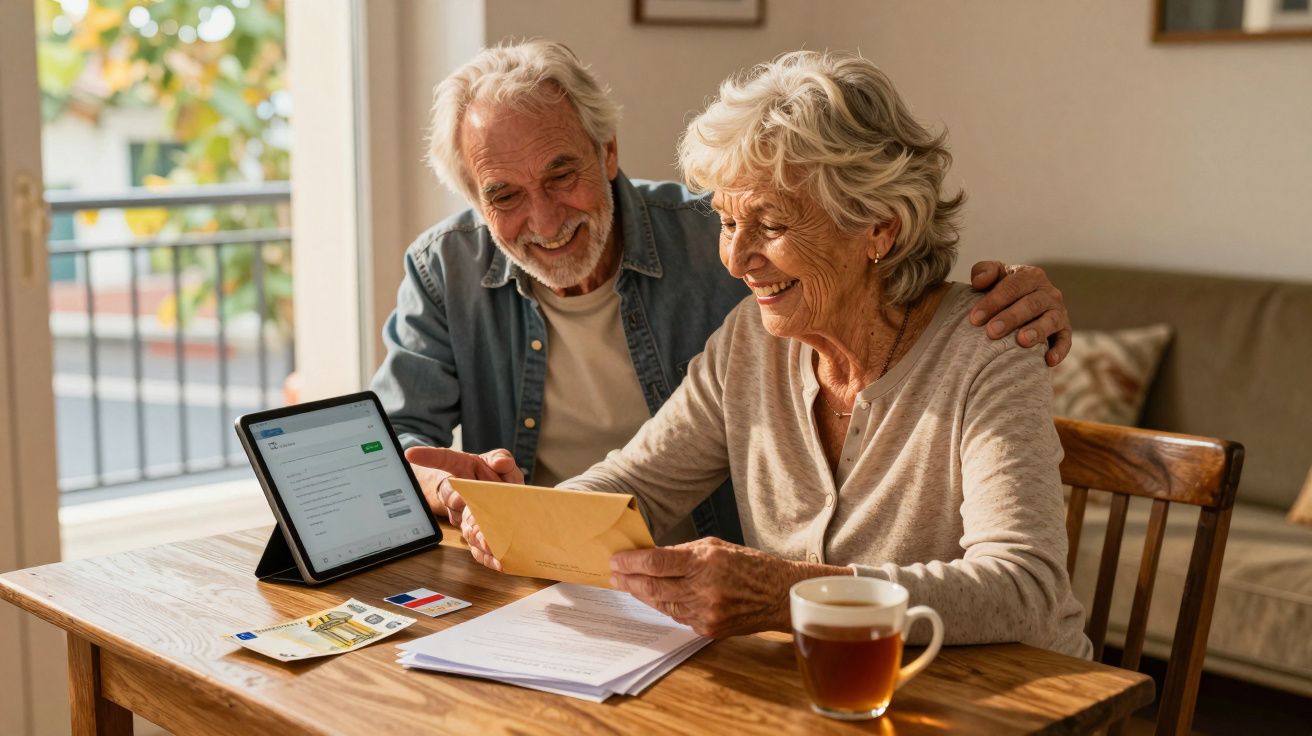 Casal sénior feliz a analisar correspondência e contas na mesa de madeira com chá e tablet.