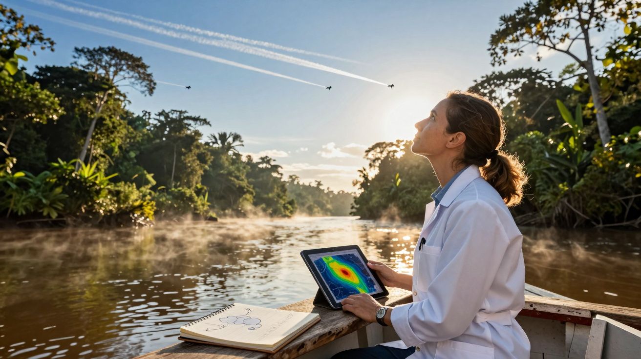 Mulher em laboratório fluvial observa aviões no céu segurando tablet com mapa de calor.