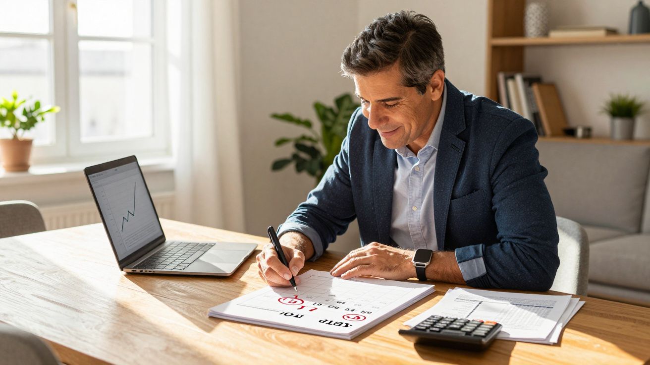 Homem sorridente a marcar datas num calendário numa mesa com portátil, calculadora e documentos, num escritório.