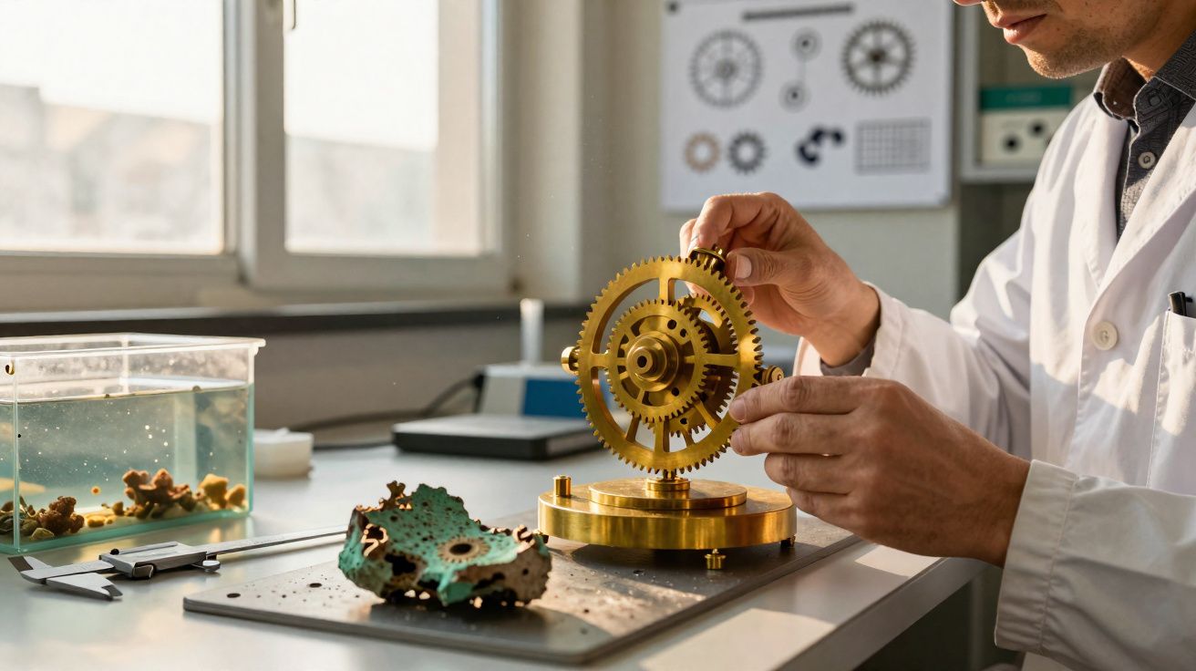 Homem em bata branca montando mecanismo de engrenagens metálicas num laboratório.
