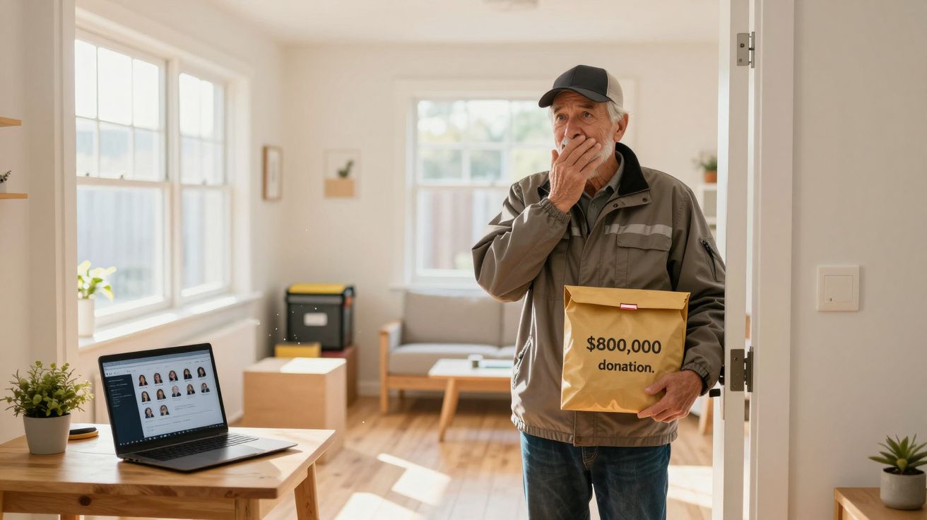 Homem de mãos à face segurando envelope amarelo com doação de $800.000 numa sala iluminada e mobilada.