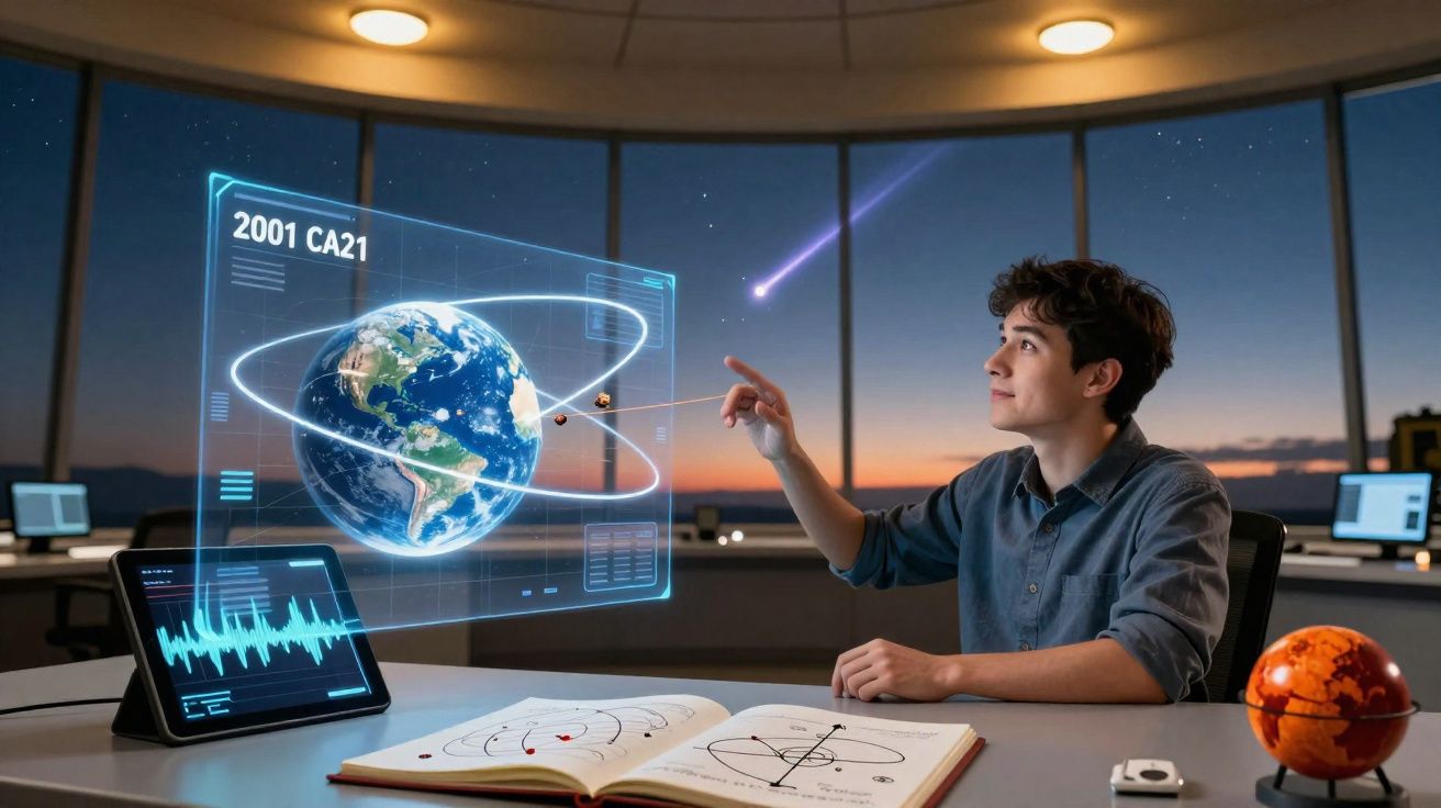 Jovem estuda astronomia com holograma da Terra e órbitas, com equação em livro aberto numa sala moderna à noite.