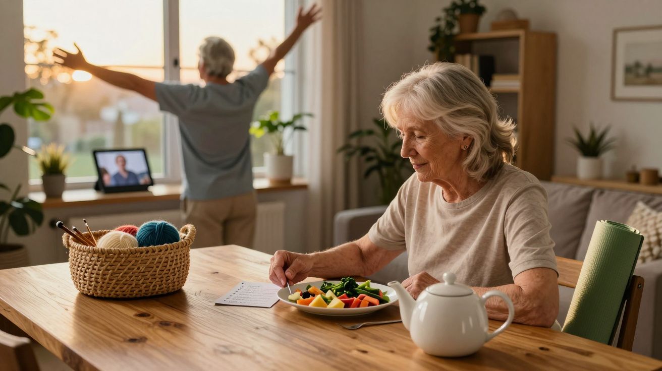Mulher idosa sentada à mesa com salada e chá, homem ao fundo alongando-se junto à janela iluminada.
