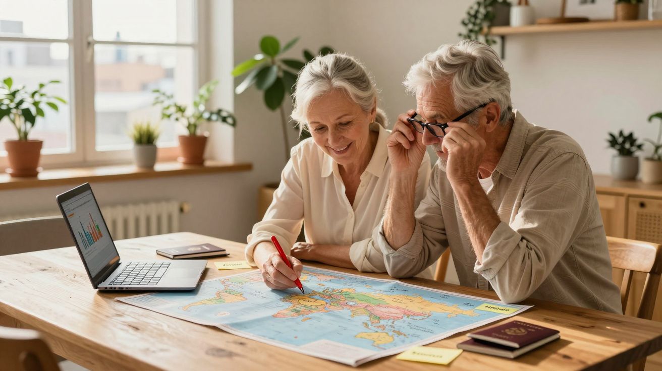 Casal sénior planeando viagem em casa, usando mapa, laptop e passaportes numa mesa de madeira.