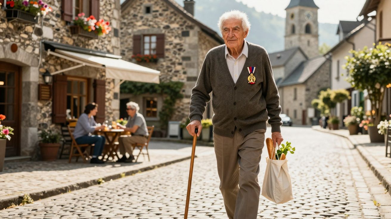 Idoso com medalhas caminha com bengala numa rua de pedra em vila pitoresca, segurando saco com pão e verduras.
