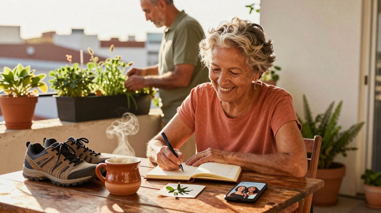 Mulher idosa a escrever num caderno ao ar livre com um homem a cuidar das plantas ao fundo.