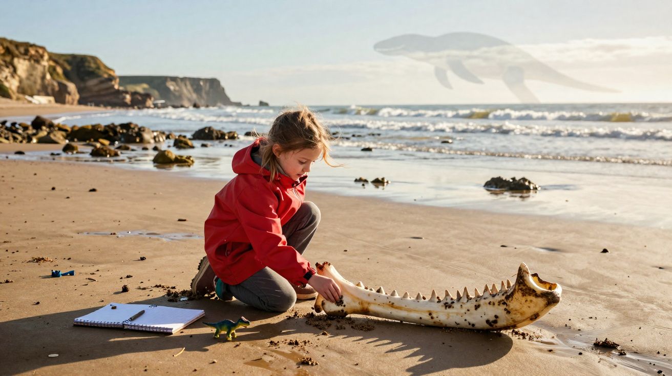 Criança com casaco vermelho examina mandíbula fossilizada na praia com caderno e dinossauro de brinquedo ao lado.
