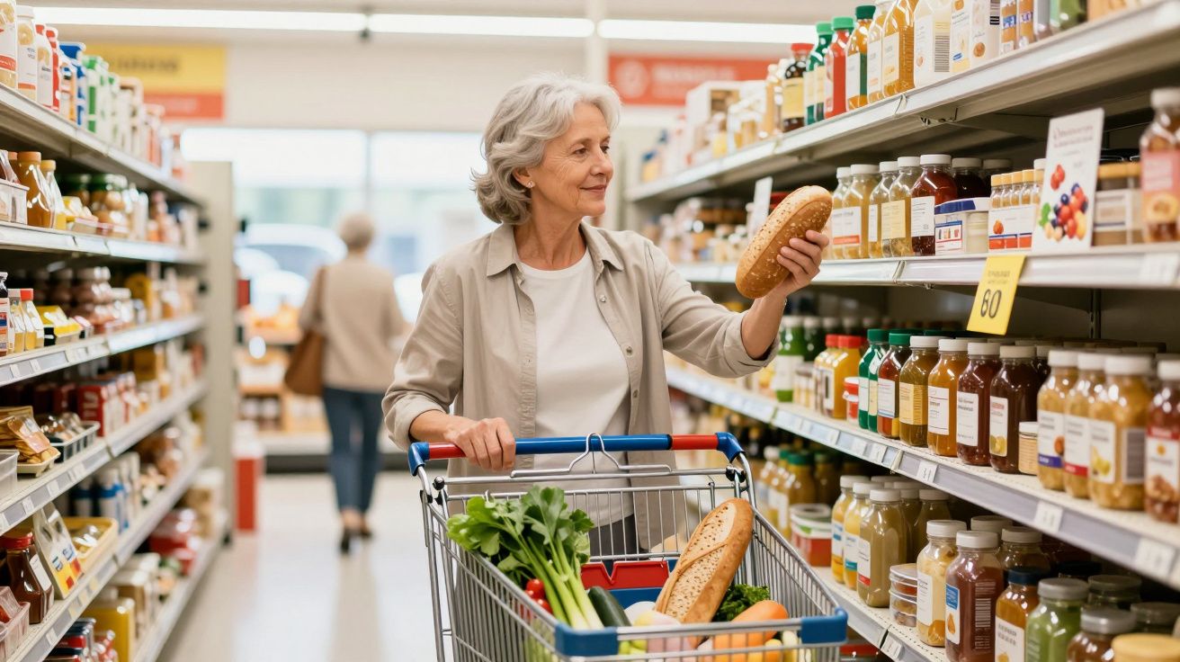 Mulher sénior com carrinho de compras no supermercado, a escolher pão numa prateleira cheia de sumos.