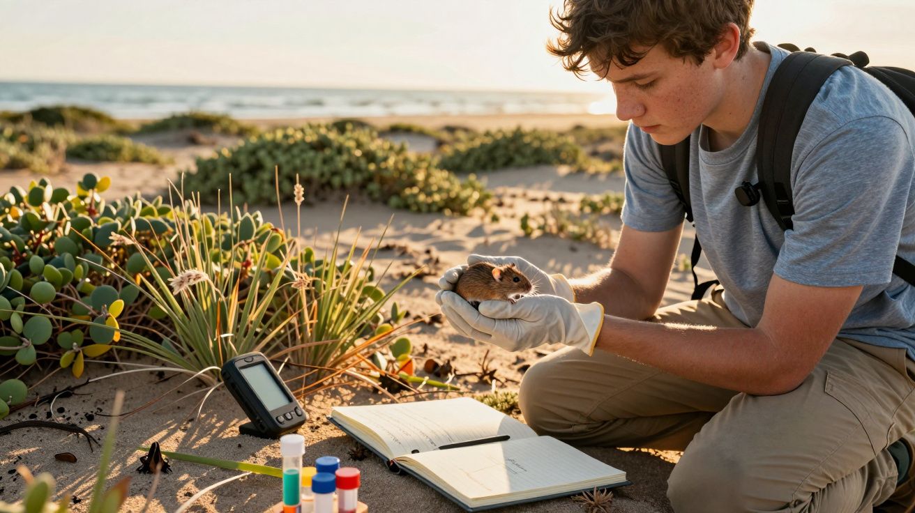 Jovem cientista segura rato numa praia, rodeado de equipamentos e caderno de anotações.