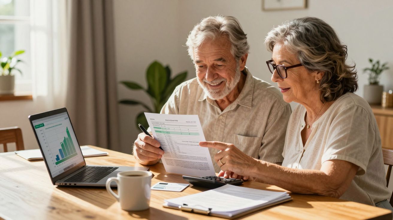Casal sénior a analisar documentos e gráficos financeiros numa mesa com computador portátil e calculadora.
