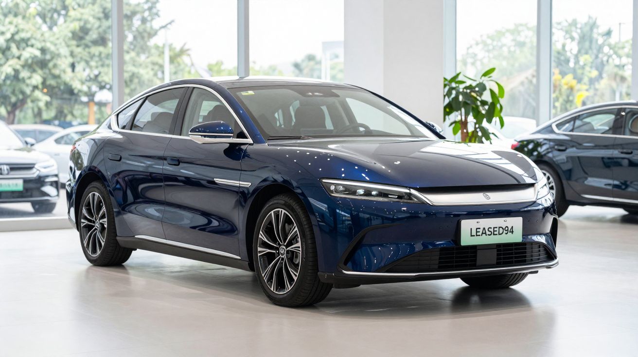 Carro elétrico azul escuro estacionado em showroom moderno com janelas grandes e plantas decorativas.