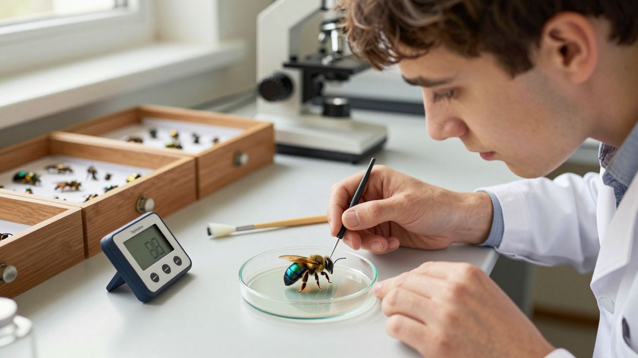 Cientista a examinar uma grande abelha numa placa de petri num laboratório com microscópio e insetos.