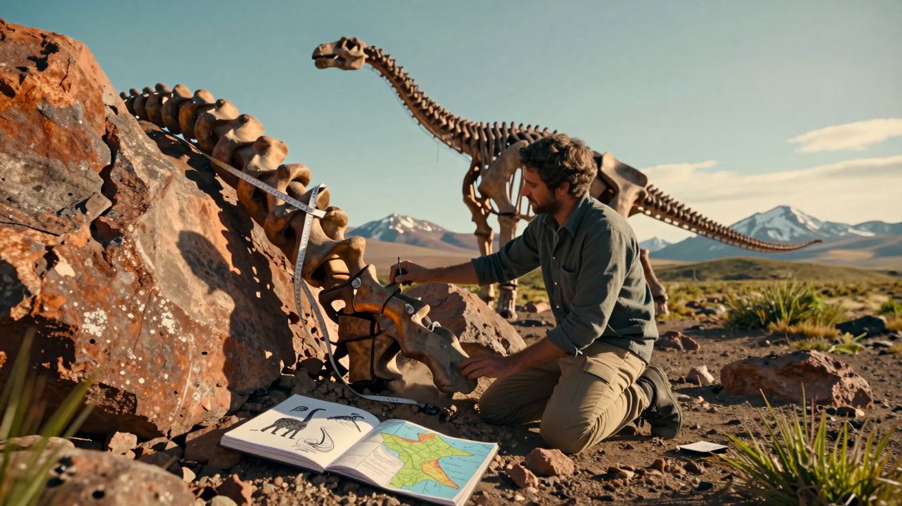 Homem a estudar e medir fósseis de dinossauro ao ar livre com caderno aberto na rocha e montanhas ao fundo.