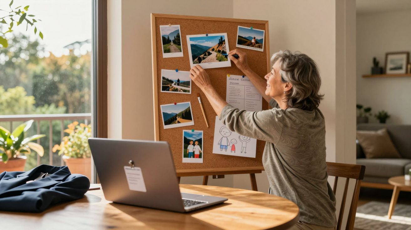 Mulher a colocar fotografias num quadro de cortiça numa sala bem iluminada junto a uma mesa com portátil aberto.