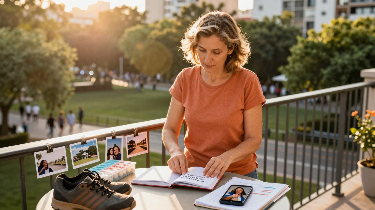 Mulher sentada numa varanda a escrever num caderno, com fotos, ténis e smartphone numa mesa ao pôr do sol.