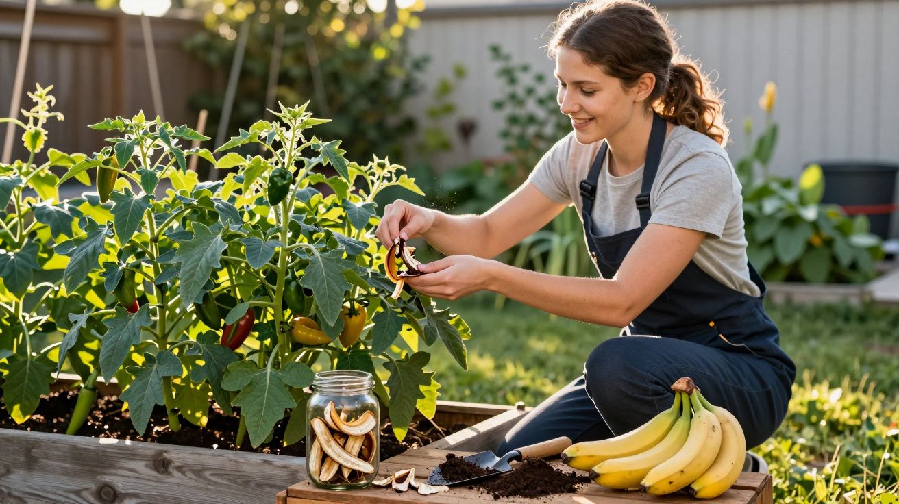 Mulher a colher pedaços de fruta para colocar num frasco, com várias bananas ao lado num jardim.