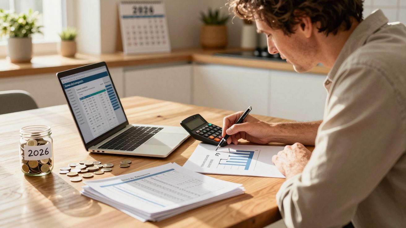 Homem a analisar gráficos e documentos financeiros numa mesa com calculadora e computador portátil.