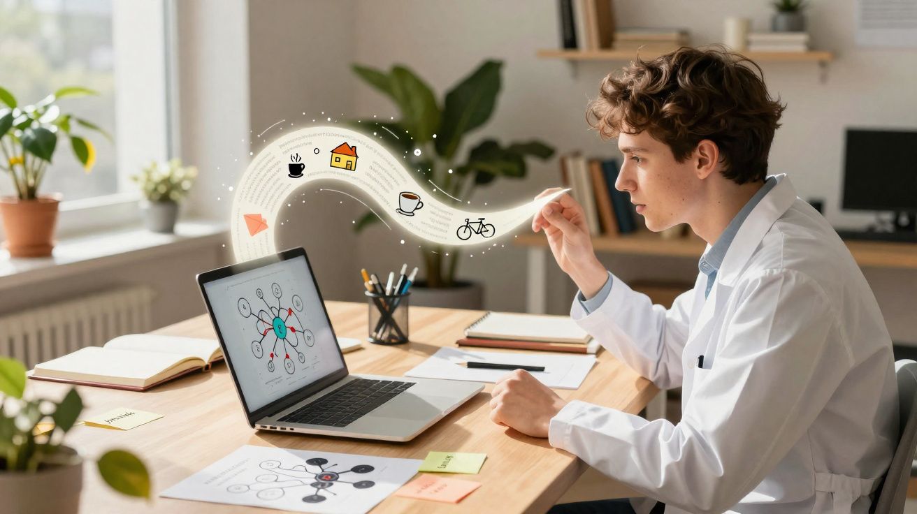 Jovem a estudar com computador e ilustrações digitais de objetos sobre secretária organizada.