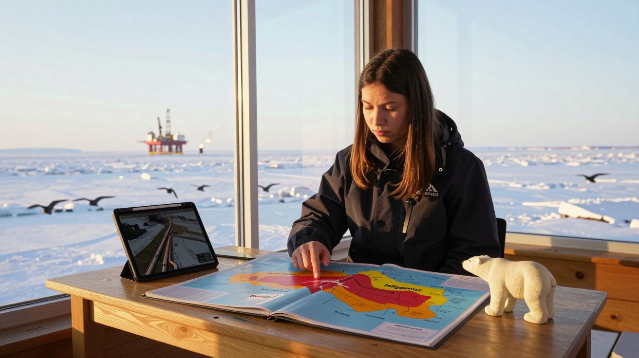 Mulher a estudar mapa de regiões polares numa sala com vista para gelo e plataforma petrolífera no mar.