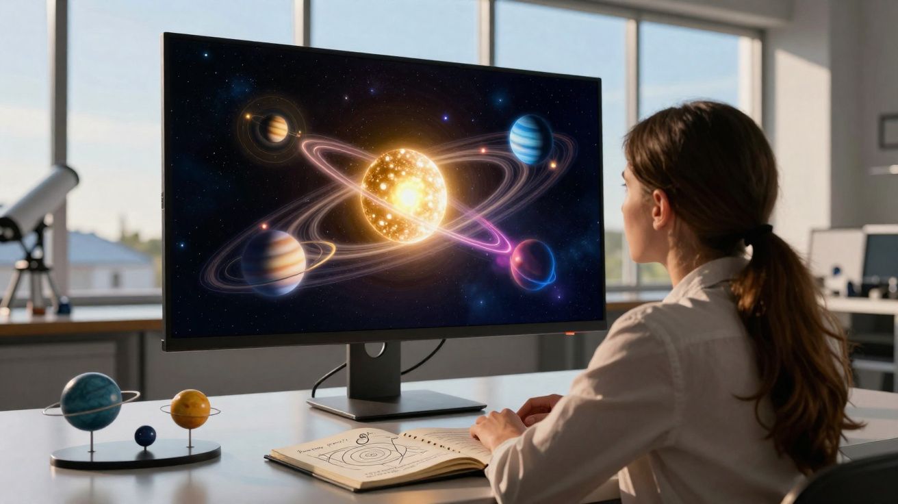 Mulher a observar modelo digital do sistema solar num ecrã de computador num escritório moderno.