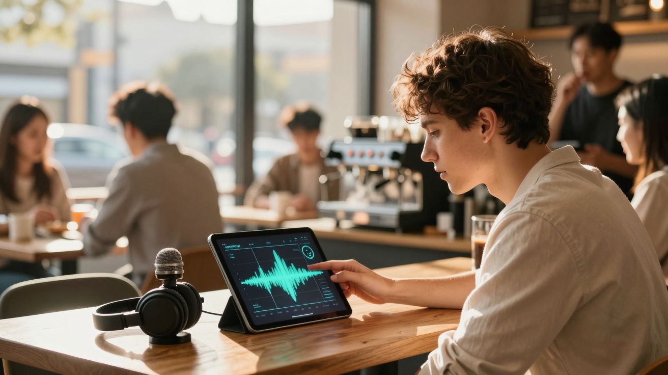Jovem sentado numa mesa de café a usar um tablet com gráfico de ondas sonoras, headphones e microfone ao lado.