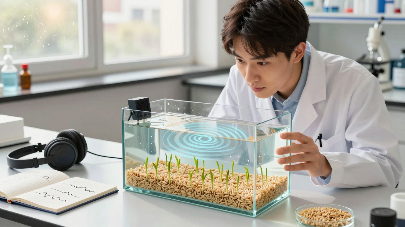 Cientista observa aquário com plantas em crescimento, equipamento e caderno numa bancada de laboratório.